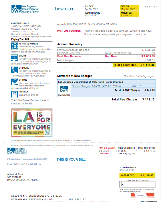 USA LA DWP utility bill Word and PDF template